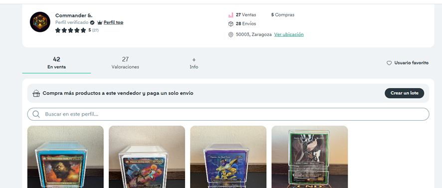 Perfil de Commander & Dragons en Wallapop mostrando el botón Crear un lote